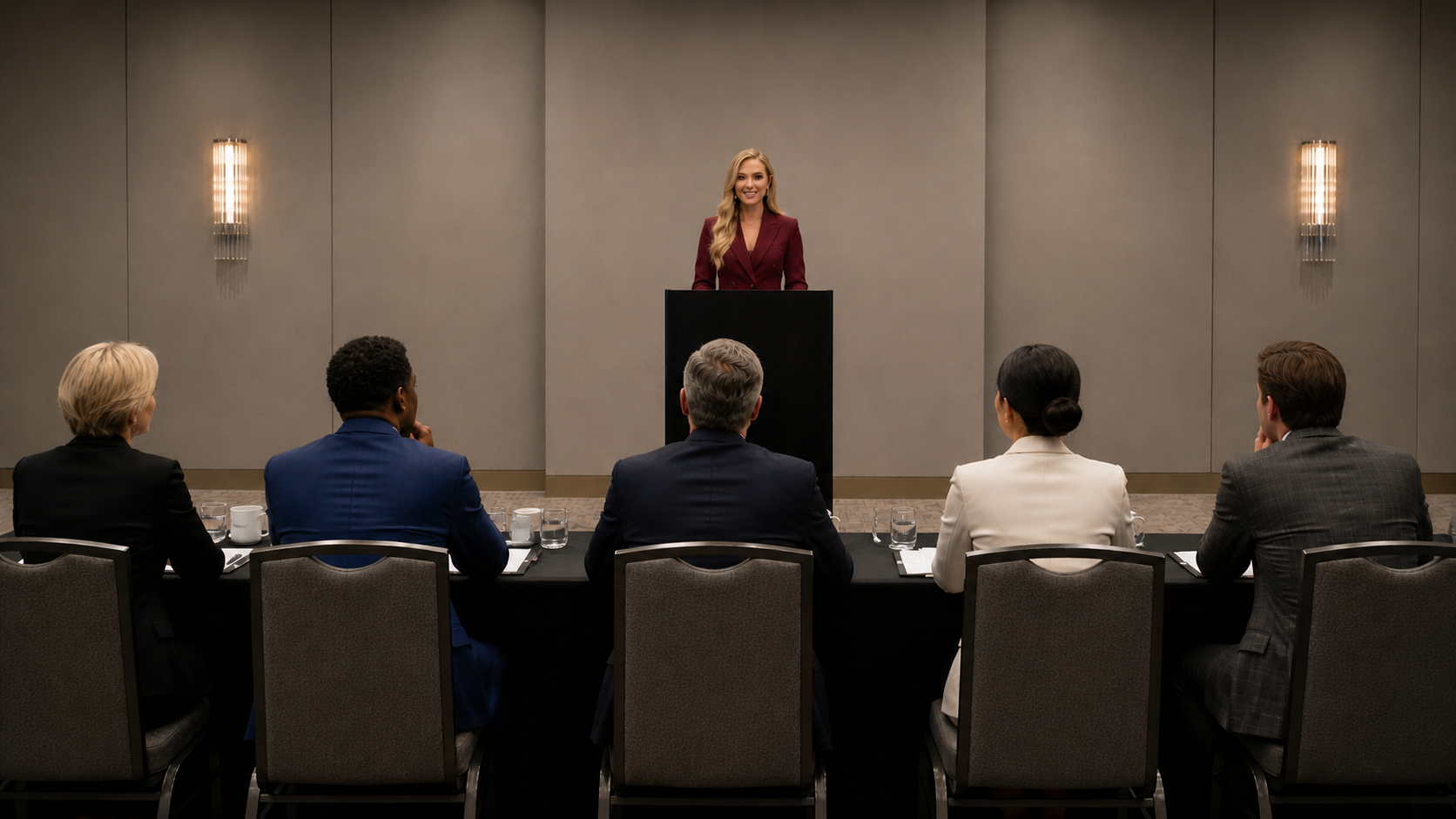 Contestant at podium addressing a panel of Miss America judges